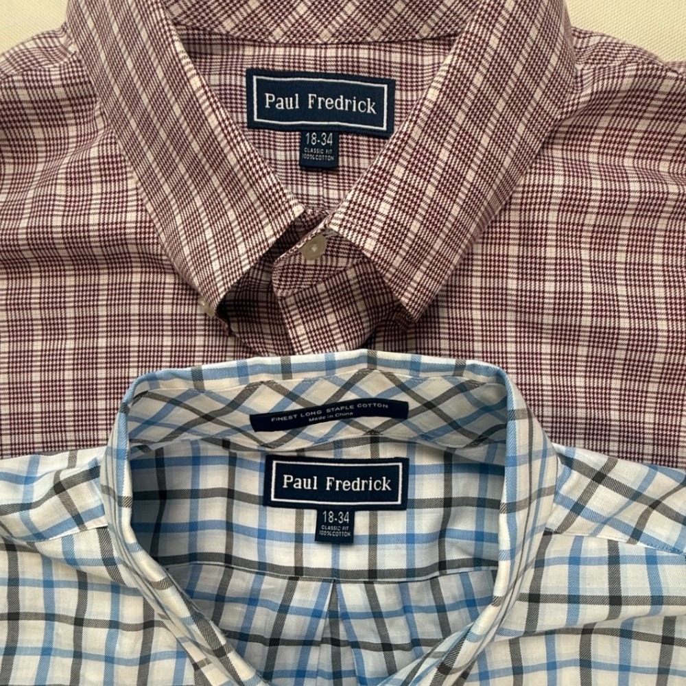 Lot of 2 Paul Fredrick Mens 18-34‎ Classic Fit Cotton Dress Shirts Plaid Check